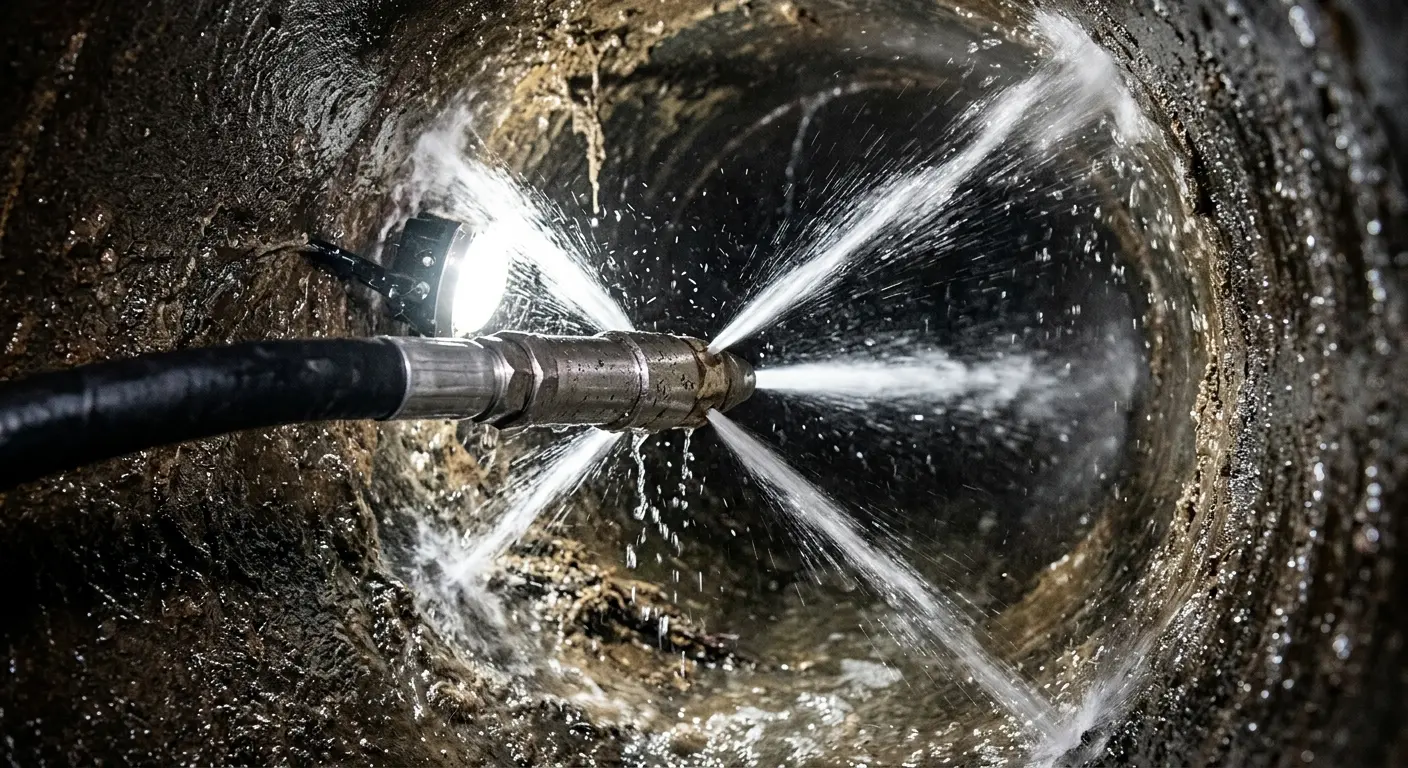 High-pressure hydro jetting nozzle cleaning sewer pipe for Sewer Cleanout in Oradell