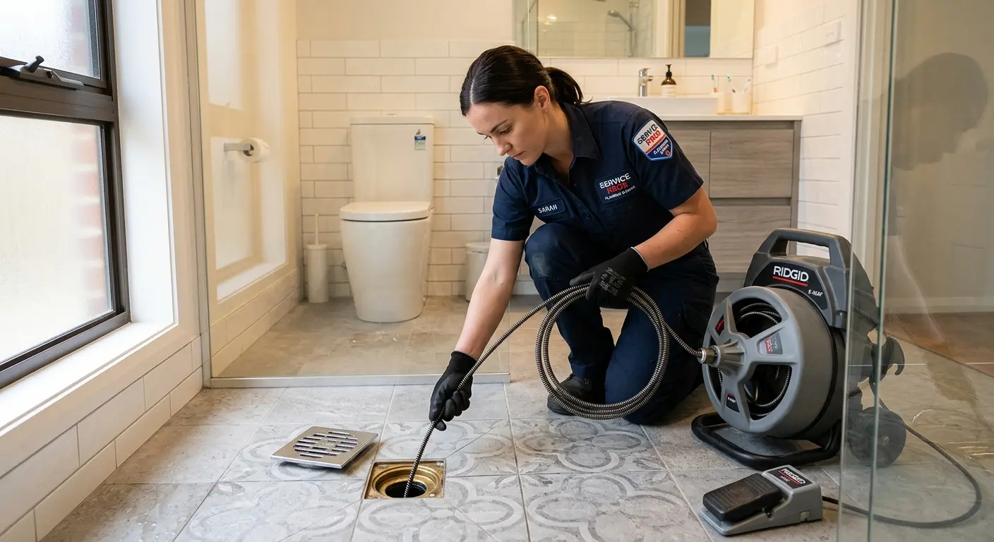 Technician clearing a bathroom floor drain for Sewer Line Replacement in Oradell